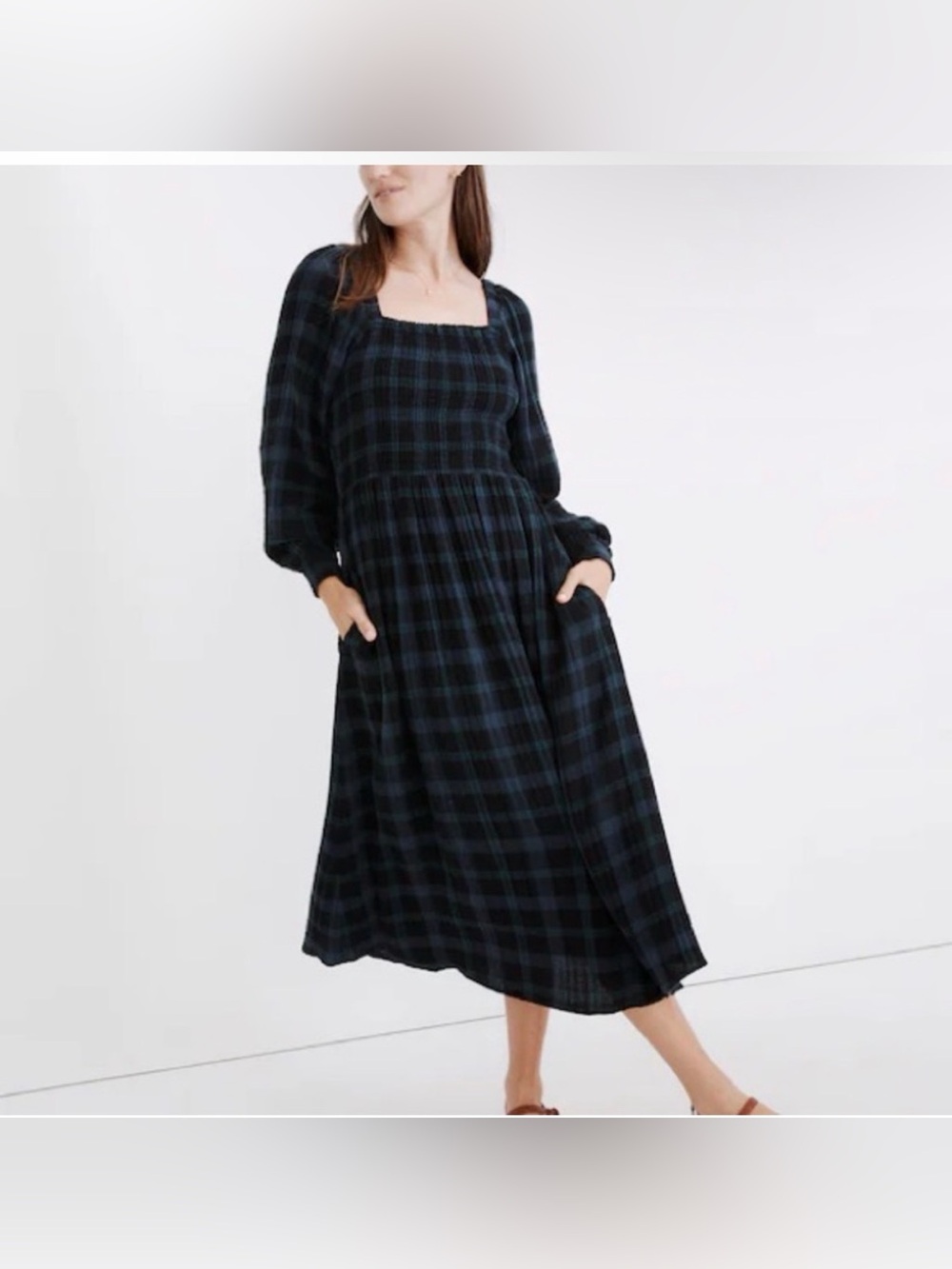 MADEWELL Petite Lightspun Lucie Long-Sleeve Smocked Midi Dress in Livonia Plaid